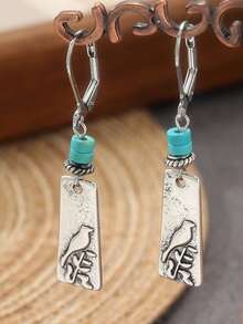 Vintage-Style Bird Pattern Rectangular Pendant Earrings, Inlaid With Artificial Turquoise, Exquisite Jewelry Accessories Suitable For Women's Casual Daily Wear - Silver - View 1