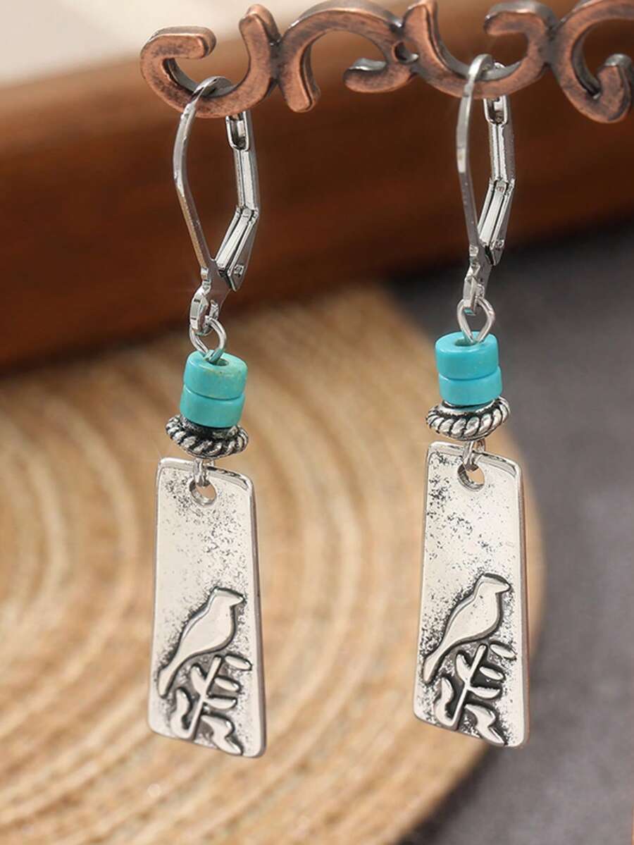 Vintage-Style Bird Pattern Rectangular Pendant Earrings, Inlaid With Artificial Turquoise, Exquisite Jewelry Accessories Suitable For Women's Casual Daily Wear - Silver - View 1