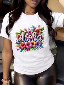 Women's Aloha Floral T-Shirt - Hawaiian Style, Short Sleeve, Crew Neck, Vibrant Tropical Print, Lightweight Blend, Perfect For Beach Parties And Summer Casual Wear, Beach Party Clothes, Aloha Clothing, 100% Cotton Blend Fabric - 白色 - 查看 5