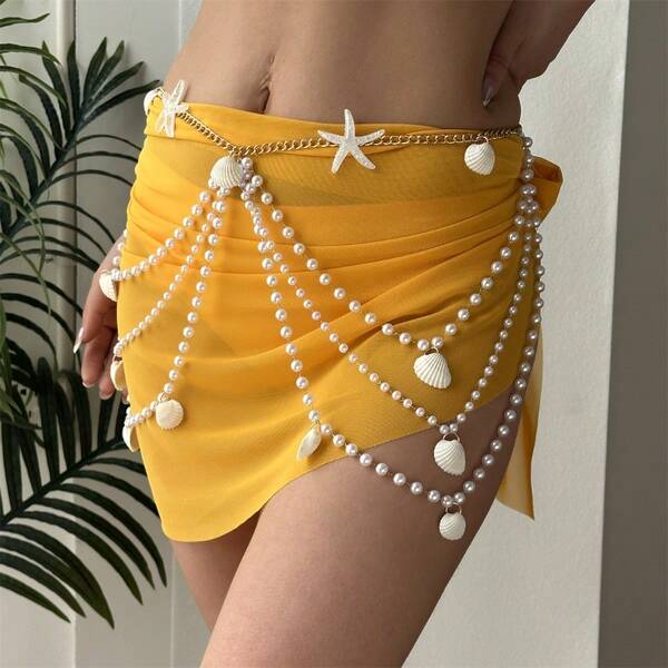 1 pieza Cadena de cintura con estilo de vacaciones en la playa, con estrella de mar, concha y perla, cadena de Body multicapa con borlas para fiestas en la playa y atuendos picantes de chica