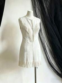 Mother's Day Gift 2026 Summer Western Style Vintage V-Neck Knitted Fabric Tassel Faux Suede Dress Slim Fit Suitable For Bohemian Style Mini Midi Dress - 米白色 - 查看 8