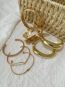 7 piezas Brazaletes abiertos asimétricos con ondas y patrón geométrico vintage, accesorios simples y de moda para mujeres, adecuados para uso casual, fiesta, boda y vacaciones de verano - Estilo 1 - Ver 7