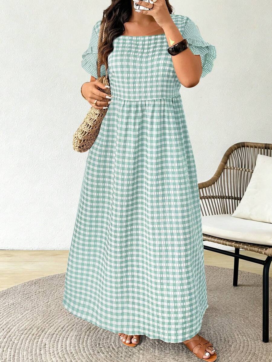 Plus Size Women's Square Neck Short Sleeve Ruffle Plaid Dress, Suitable For Casual Summer Vacation Wear - Multicolor - View 1