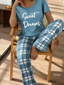 Comfortable Casual Letter Print Short Sleeve 2 Pieces Pajama Set Women Plaid Long Pants Loungewear - Teal Blue - View 5