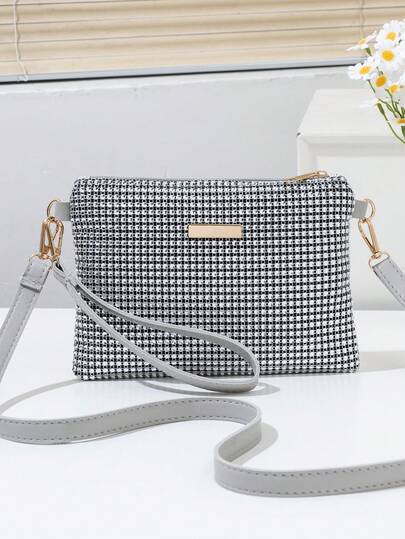 Rhinestone Decor, Vacation Style, Shiny Rhinestone Wrist Decor, Women's Zipper One Shoulder Bag, Suitable For Vacation, Party
