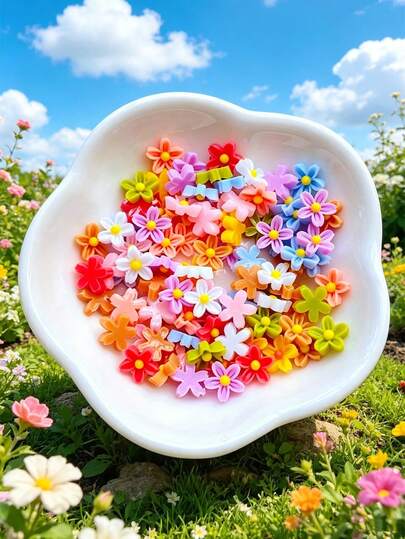 10g/30g/50g/Pack Multi-Color 7mm Flat Bottom Mini Acrylic Flower Beads, Bohemian Style Resin Flower Beads For 3D Nail Art Decorations, DIY Resin Craft Jewelry Supplies