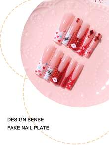 24 piezas de nuevas puntas de uñas de ataúd extra largas, estilo de niña dulce multicolor con labios rojos, corazón y decoración de rhinestone, uñas con forma de T, aptas para usar, set de caja de regalo colorida que incluye 1 lima de uñas y 1 buffer, ideal para uñas glamorosas del Día de San Valentín - Multicolor - Ver 2