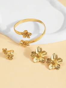 3pcs/Set Summer Floral Bracelet, Earrings, Armband Jewelry Set, Adjustable Opening Design - Gold - View 4