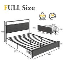 Queen & Full Bed Frame With Storage, 2-Tier Storage Headboard & Built-In Drawers, Metal Platform Bed With USB Charging Station & LED Lights, Noise Free, No Box Spring Needed, Easy Assembly,Rustic Grey - Grey - View 10