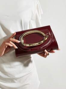 REMANLAND Charming Large Capacity Evening Clutch, Sparkling Chain Shoulder Strap, Luxurious Patent Leather Solid Color Wedding Party Handbag, Purse, Stylish - Burgundy - View 8
