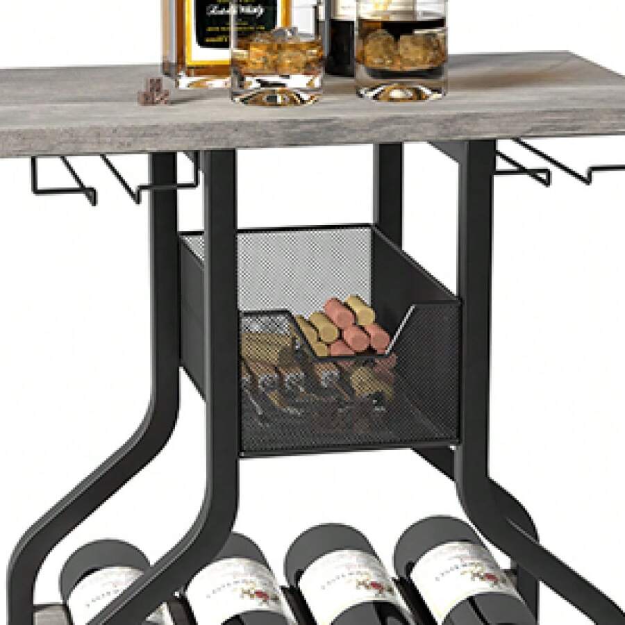 Rustic Freestanding Metal Wine Rack Table – Multi-Functional Bottle & Glass Holder Stand With Wood Countertop, Storage Shelves – Perfect For Home, Kitchen, Dining, Living Room – Compact Design - Grey - View 1