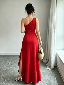 Vestido Largo Blanco Elegante Hombro Único con Abertura y Volantes para Fiesta, Boda o Evento Formal - Rojo - Ver 2