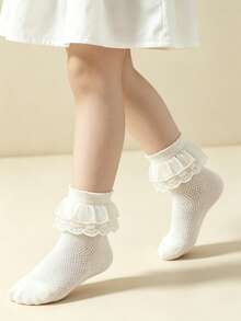 5 Pasang Kaos Kaki Dansa Katun Bernapas Berbahan Jala Warna Polos untuk Anak Perempuan, Kaos Kaki Kasual Gaya Putri dengan Hiasan Renda untuk Balita - MultiWarna - View 4
