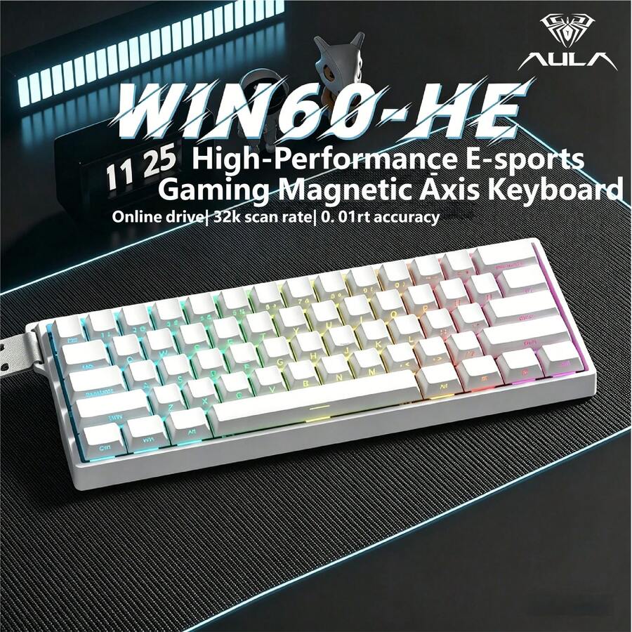 AULA WIN60 HE 磁軸有線機械式鍵盤 支援熱插拔 遊戲鍵盤 RT 自定義 8K 回應率 專業電競遊戲鍵盤 超長壽命 RGB 背光 AULA 原廠有線鍵盤