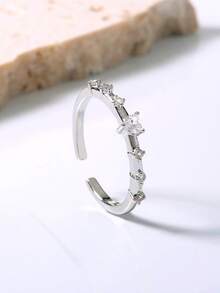 Nooxian 1 pieza Anillo ajustable con forma de corazón de cobre con circonita y strass - Plateado - Ver 4