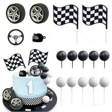 16pcs Racing Flag Cake Decoration Set, Includes Motorcycle Helmet, Steering Wheel, Racing Theme Boy 1st Birthday Party Decor - Racing - View 3