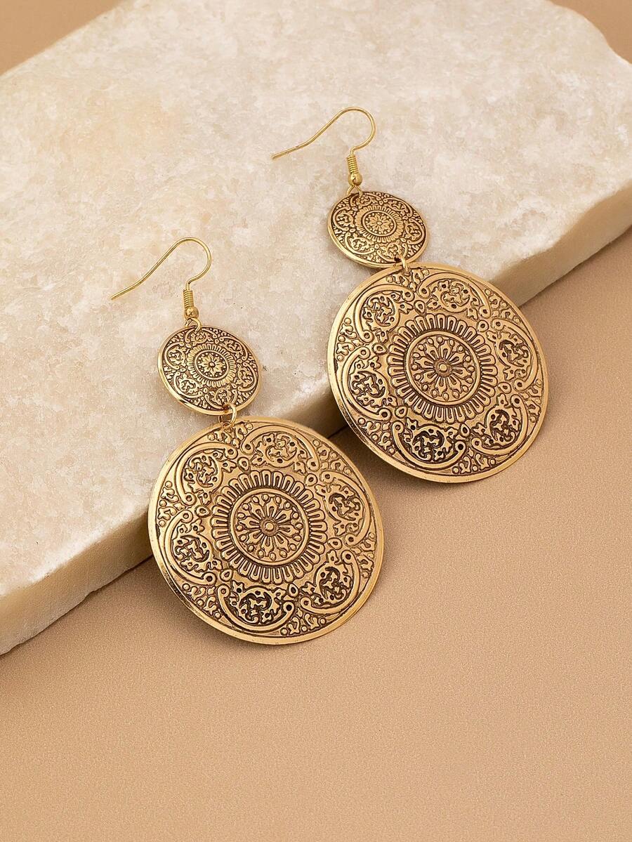 2 Peças Brincos Redondos Entalhados Vintage Boêmios, Design Bicolor Único, Adequado para Uso Diário e Festas - brincos redondos esculpidos - Visão 1