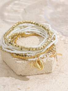 13pcs Personalized Versatile CCB Geometric Square Star Shell Beaded Anklet Set, Simple Fashion Anklets For Women - Gold - View 5