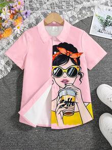 Camicia in tessuto leggero e traspirante, a maniche corte con bottoni, con grafica di ritratto cartoni animati, casual e alla moda per ragazze pre-adolescenti, adatta per l'uso estivo e all'aperto - Rosa - Visualizzare 1