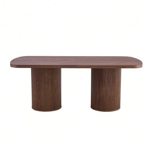 Modern Oval Dining Table With Fluted Central Leg, High Quality MDF Top With Wood Look, In Wabi-Sabi And Mid-Century Style For The Kitchen. - Brown - View 1