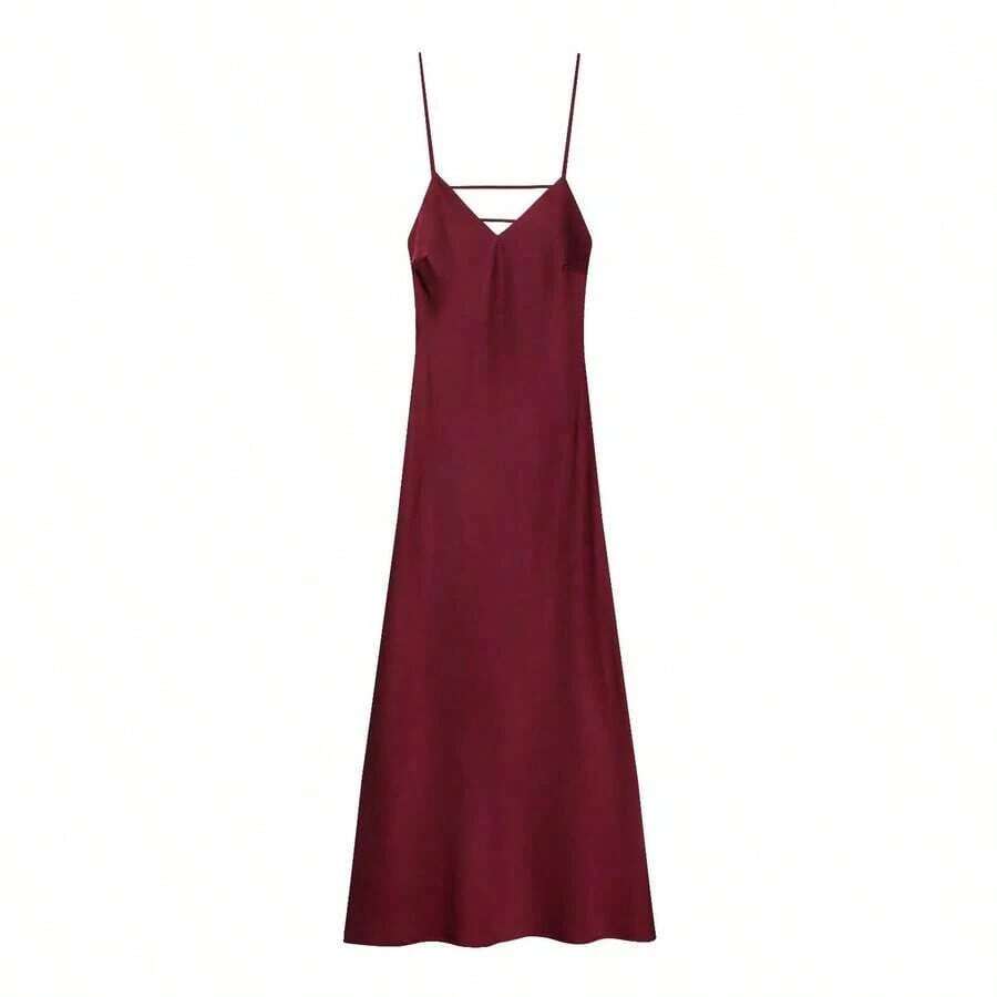 Vestido de satén con escote en V y espalda descubierta, elegante vestido de fiesta/evento con estilo de lencería, negro de verano - Burdeos - Ver 1