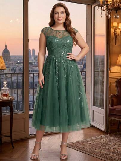 EVERPRETTY Plus Size Summer Luxury Evening Dress Green Floral Leaf Sequined Sleeveless Boat Neck Midi Sparkly Formal Dress Suitable For Party Prom Evening Cocktail