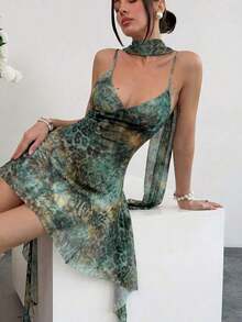 Vestido corto de verano con tirantes finos y estampado de leopardo sexy para mujer - Amarillo - Ver 3