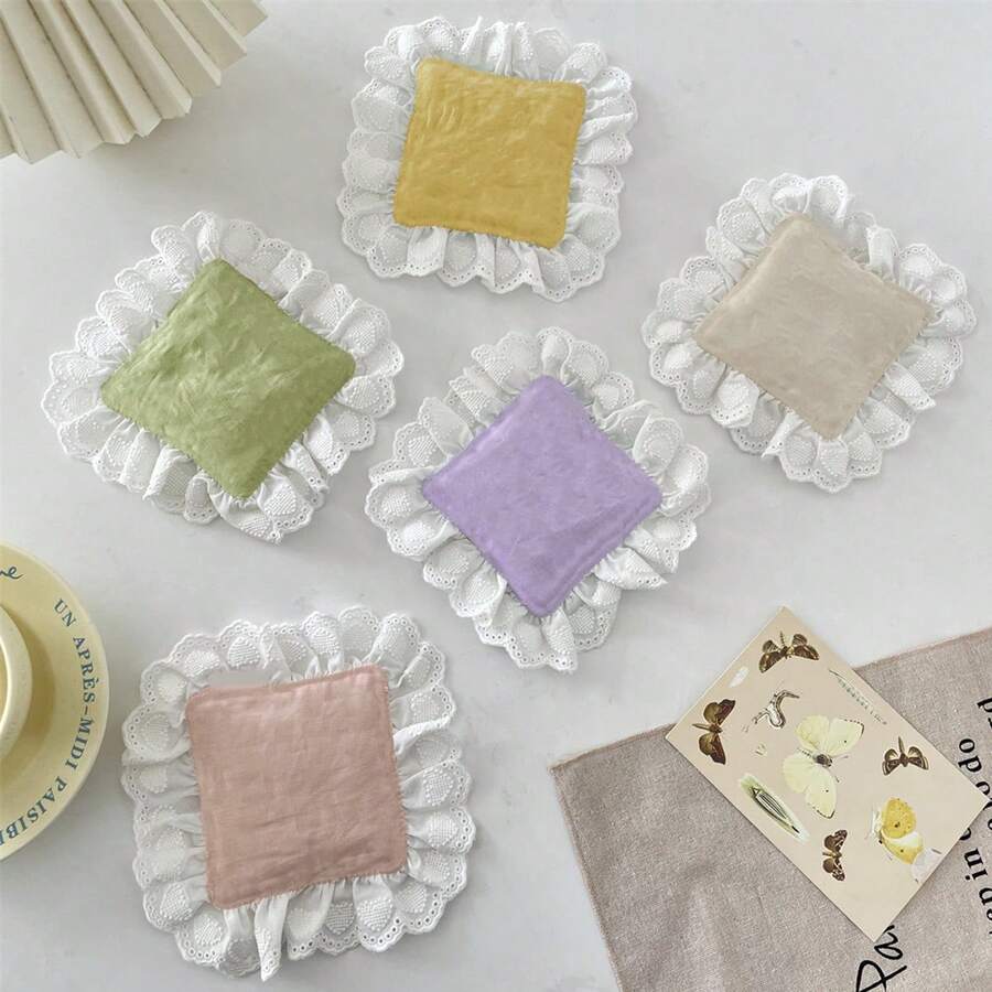 2/6/12pcs Solid Color Heart-Shaped Lace Fabric Coasters, Absorbent Tea Ceremony French Heat Insulation Pads, Washable & Reusable, Suitable For Coffee Table Decor, Holiday, Living Room, Dining Room, Party, Home Decoration - Multicolor - View 1