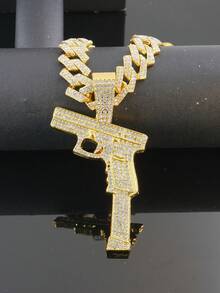 Men's Hip Hop Gun Pendant Jewelry Set, Cuban Chain Bracelet & Watch 1 Set, 15mm Diamond Street Style Shiny Set, Men's Gift, Suitable For Party & Birthday - Gun Pendant Necklace Set - View 10