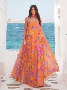 Faeriesty Đầm cổ cao họa tiết hoa thanh lịch - Chất liệu chiffon rực rỡ, kiểu dáng chữ A thướt tha, phù hợp cho các bữa tiệc, đám cưới ngoài trời và các lễ kỷ niệm theo phong cách boho. - trái cam - Xem 3