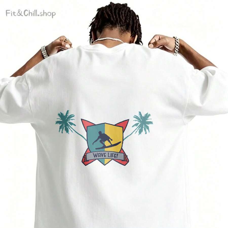 Men's T-Shirt Wave Life Surfing Palm Trees Comfortable And Versatile Outdoor Casual Short Sleeve - White - View 1
