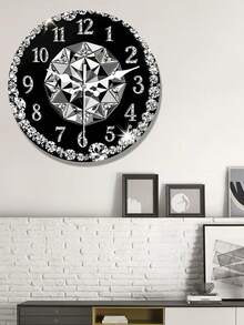 1 Stück 2D flache Holz Wanduhr, schwarzer Hintergrund mit Diamant Dekor, runde Uhr, glänzender Strass Rahmen, geometrisches synthetisches Edelstein Design, geeignet für Wohnzimmer, Schlafzimmer, Büro, Hotellobby, Esszimmer Dekoration - Verschiedenfarbig - Übersicht 1