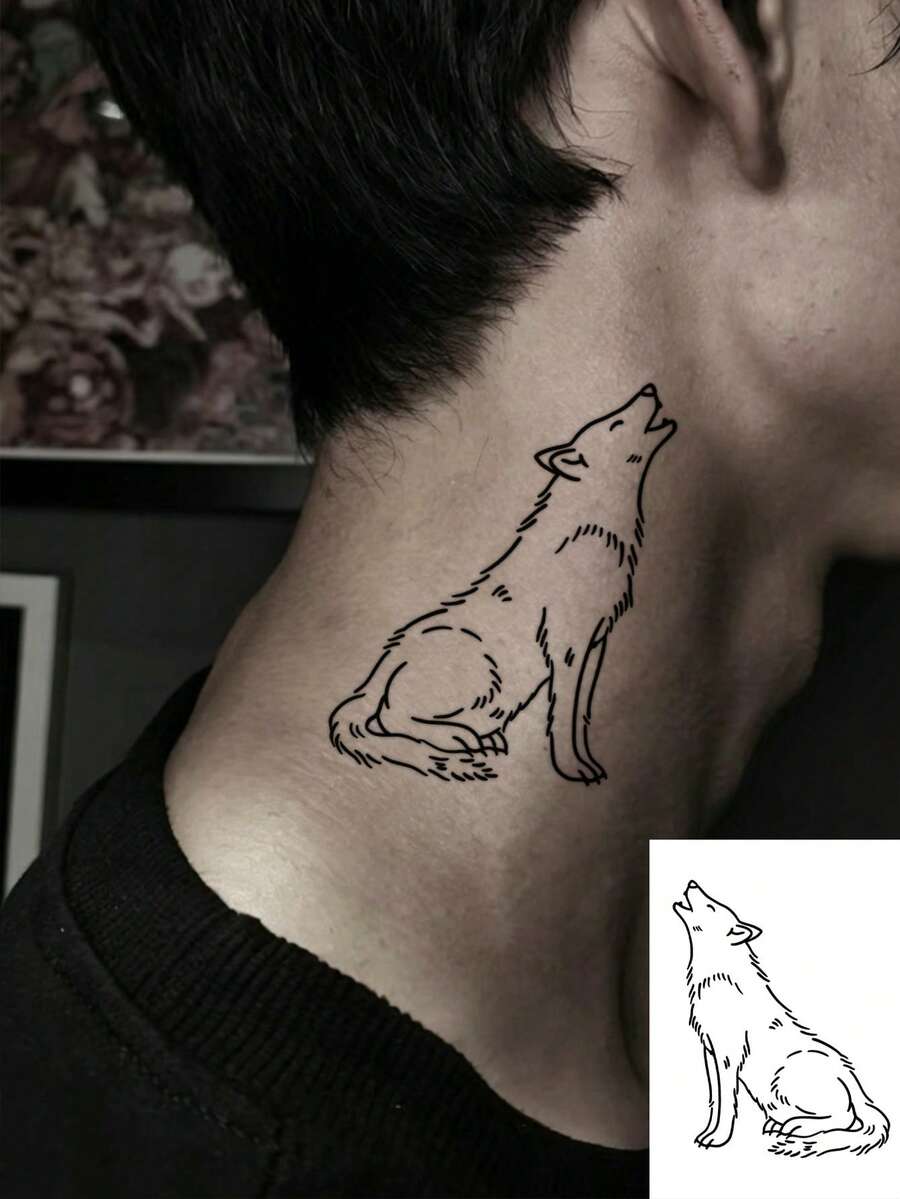 1pc Simple Line Howl Wolf Pattern Tattoo Sticker, Men's Temporary Tattoo Sticker, Realistic Tattoo Design, Suitable For Travel, Music Festivals, Games, Graduation Gifts, Lasts For 3-5 Days - Black - View 1