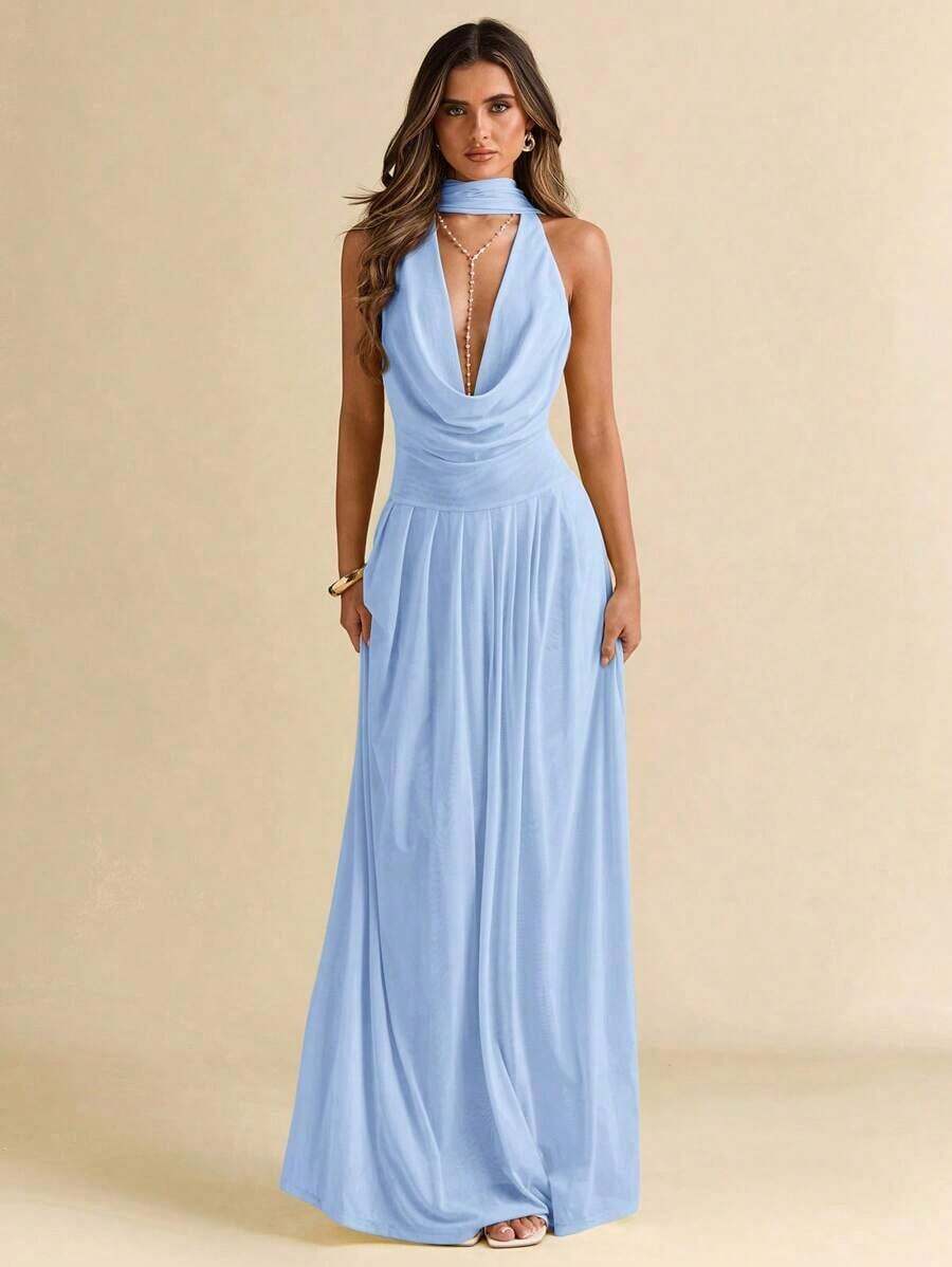 YkhahaYkhahaSHEIN Vestido envolvente de unicolor con espalda en uve transparente y amarres, vestido sexy de vacacionesYkhahaYkhaha - Celeste - Ver 1