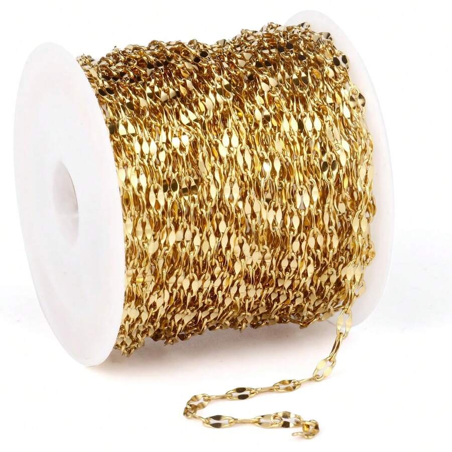 33FT 18K Gold PVD Plated Chains Roll 2mm Stainless Steel Sparkly Lip Link Chains Spool Bulk Jewelry Making Crafts - Stainless Steel2mm - View 1