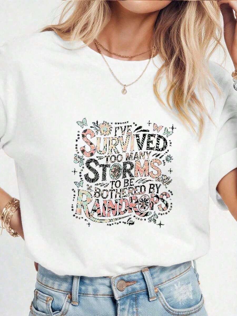 1 Women's T-Shirt With Floral Print And Lettering. - White 1 - View 1