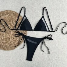 2026 Sexy Solid Color Hollow Mesh Bikini With Tie Straps - Z26002 Black - View 4