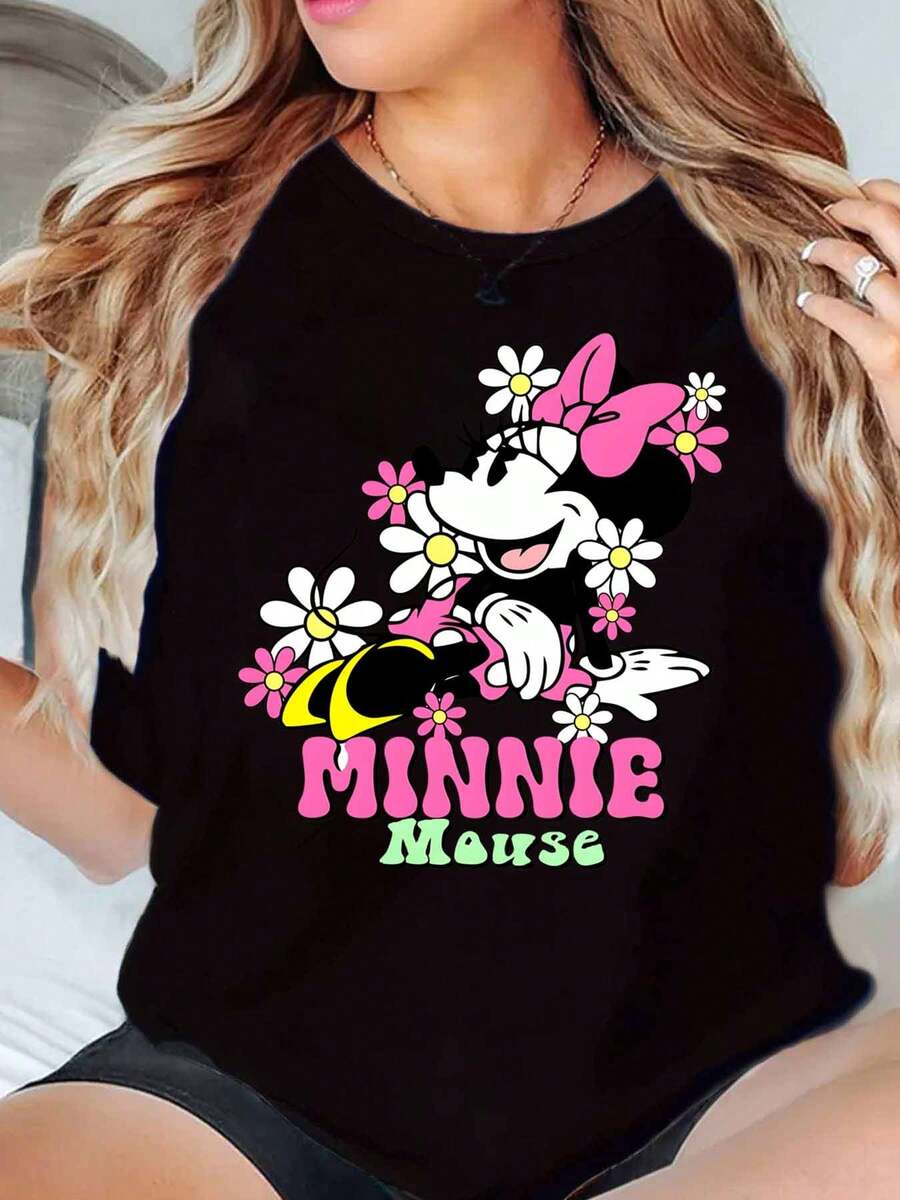 Minnie Mouse Floral Print Disney Women T Shirt Round Neck Short Sleeve Casual Summer Outfit For Everyday Wear And Holiday Gifts Soft Comfortable 220g - màu đen - Xem 1