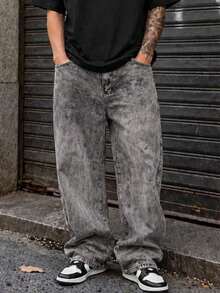 Baggy Jeans, Wide-Leg Balloon Pants, Straight Cut, Carpenter Style, Unisex - Stone Gray - View 4