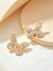 1 Pair Vintage Butterfly Stud Earrings, Lavender Enamel Wing Design With Gold Trim Stainless Steel, Elegant Jewelry, Suitable For Party, Date, Daily Wear - Multicolor - View 2