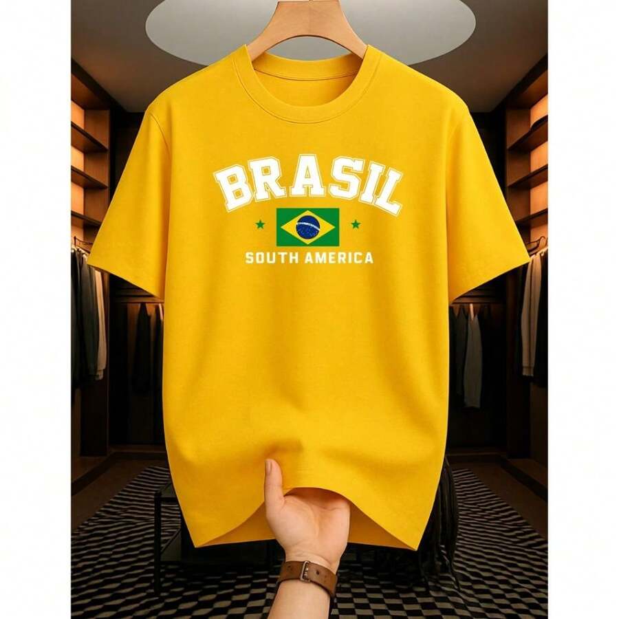 Men's 100% Cotton Basic Premium Crew Neck Short Sleeve Comfortable Shirt BRAZIL SOUTH AMERICA - 黃色 - 查看 1