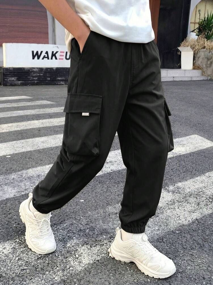 1個 ティーンボーイ ルーズ ドローストリング 無地 カーゴパンツ、通勤