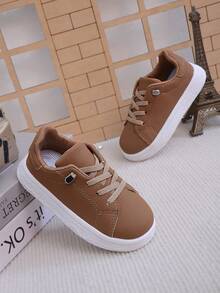 1 Pair New Kids Lace-Up Slip-On Sneakers, Fashionable Comfortable Wear-Resistant White Shoes, Lightweight Anti-Slip Easy To Match, Suitable For Daily Wear And Running - Khaki - View 6