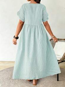 Plus Size Women's Square Neck Short Sleeve Ruffle Plaid Dress, Suitable For Casual Summer Vacation Wear - Multicolor - View 2