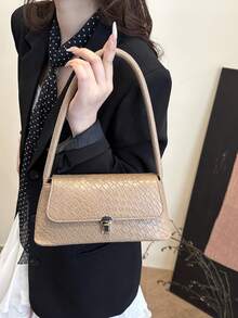 柔軟PU皮革金屬扣裝飾貝殼造型復古風巴黎包 女款單肩包 新款小方型手提包 - 卡其色 - 查看 3