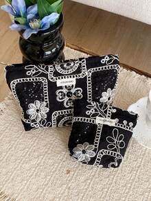 1件/套 黑白提花刺繡女款女孩化妝包，便攜大容量拉鍊化妝收納袋，適合旅行與度假必需品，可收納衛生棉、鑰匙、髮飾、充電器、口紅、化妝品、香水、化妝刷、護膚品與美容產品，適合女性、學生、女學生，生日禮物、朋友禮物、節日禮物 - 黑與白 - 查看 3