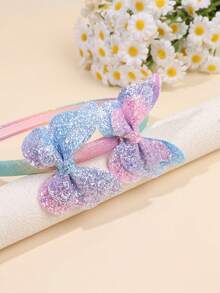 1 Stück Regenbogen-Farbverlauf Haarband mit 2 Glitzer-Farbverlauf Schmetterlings-Dekorationen, modisches Haaraccessoire für Mädchen, geeignet für Party und tägliches Tragen - Verschiedenfarbig - Übersicht 4