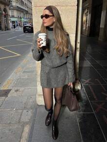 Women's Fuzzy Knit Two Pieces Set, Round Neck Loose Sweater + Elastic Waist Mini Skirt, Fashionable Autumn Outfit - Grey - View 1