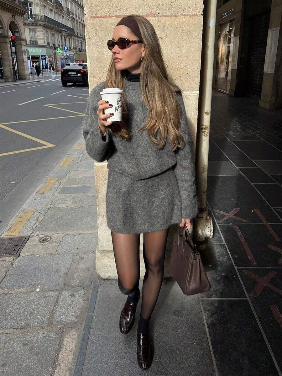 Women's Fuzzy Knit Two Pieces Set, Round Neck Loose Sweater + Elastic Waist Mini Skirt, Fashionable Autumn Outfit - Grey - View 1