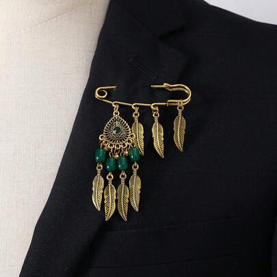 1pc Retro Feather Tassel Brooch, Gold Tone Safety Pin With Green Bead, Bohemian Lapel Pin For Women, Perfect For Suits, Scarves & Festival